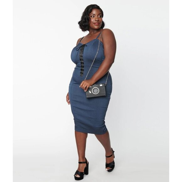 Unique Vintage Plus Size Dark Denim Corset Ellison Wiggle Dress 1X/16 - Picture 4 of 13